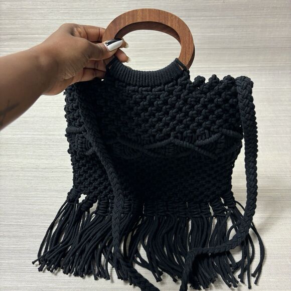 Danielle Nicole Macrame Crochet Boho Black Bag w/ Wood Handle & Crossbody Strap - Picture 9 of 13
